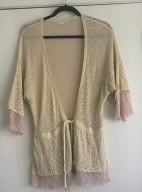 NIC+ZOE Pointelle Knit Tie-Front Cardigan Pale Yellow-Green Lavender Flawed L